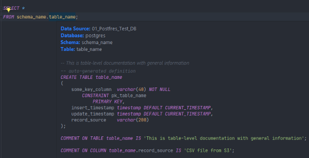 Display data dictionary in Datagrip